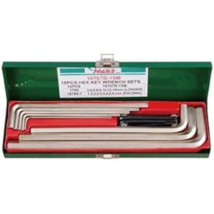 Hans Black Long Hex Key Set 15 Pieces (3mm–14mm) with Folding Key – Product Code 16767B-15M